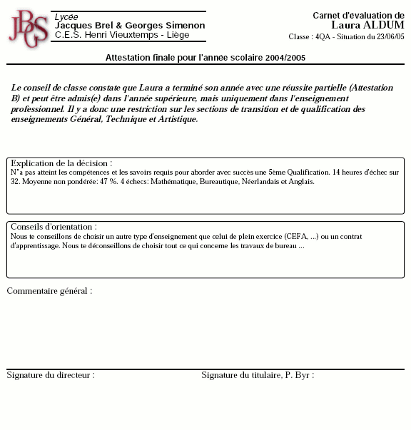 copie d'une attestation finale