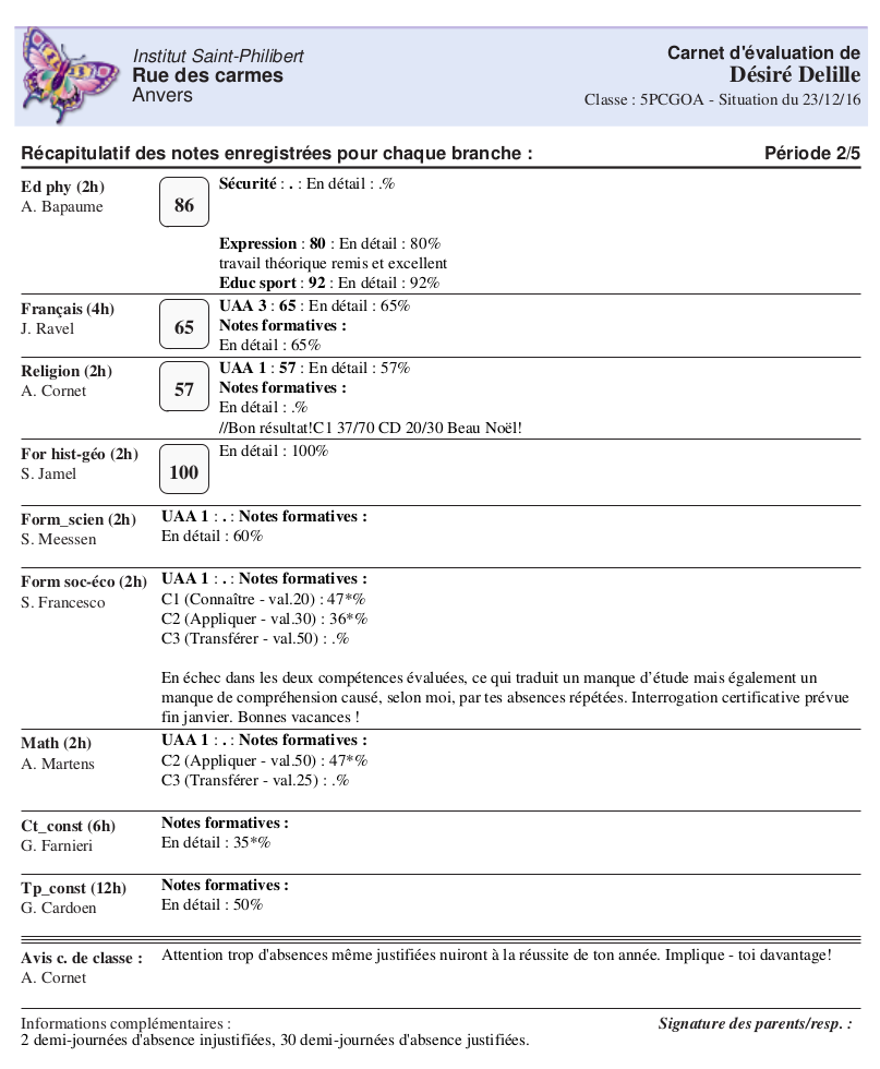 bulletin détaillé avec UAA
