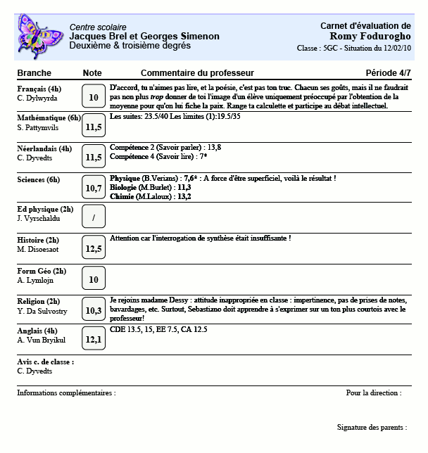 copie d'un bulletin détaillé