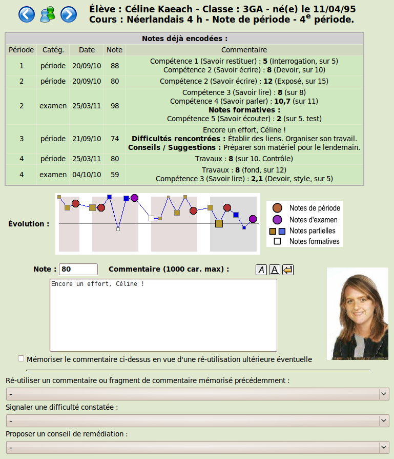 formulaire d'entrée de notes bulletin