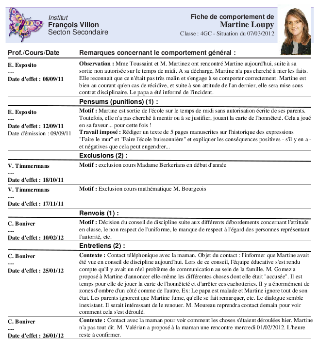 fiche de comportement